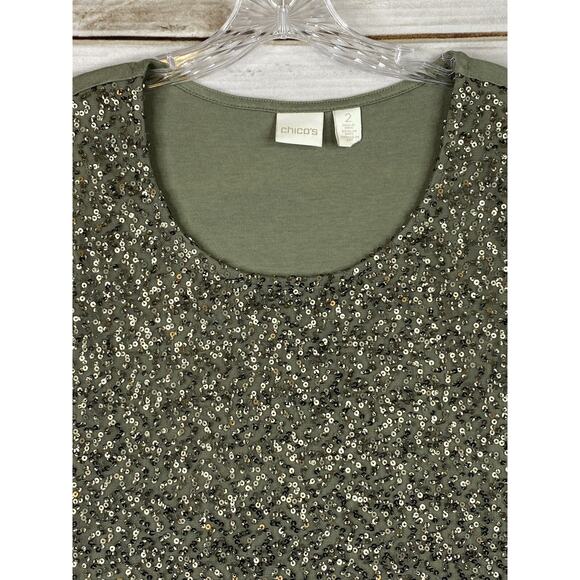 Chico's Tank Top Sz 2 Women L Green Sequins Front Sleeveless Party Lined Stretch - Picture 2 of 11